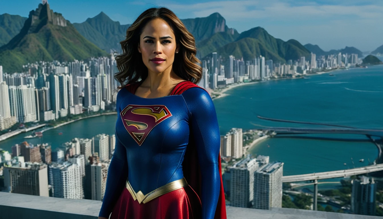 Paula Patton 2000s Supergirl 1984s movie; super sexy breasts.; saving the world; posição de levantar vôo; braços esticados para cima; floating towards the Rio de Janeiro city sky; HD. Photograph, ((realism)), extremely high quality RAW photograph, ultra detailed photograph, sharp focus, high resolution, (detailed skin:1,3),high quality, film grain, Fujifilm XT3,Highly Detailed, movie, (Cinematic Photo:1.3) of (Realistic:1.3)