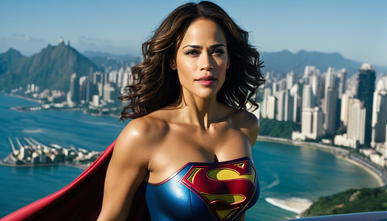 Paula Patton 2000s Supergirl 1984s movie; super sexy breasts.; saving the world; posição de levantar vôo; braços esticados para cima; floating towards the Rio de Janeiro city sky; HD. Photograph, ((realism)), extremely high quality RAW photograph, ultra detailed photograph, sharp focus, high resolution, (detailed skin:1,3),high quality, film grain, Fujifilm XT3,Highly Detailed, movie, (Cinematic Photo:1.3) of (Realistic:1.3)