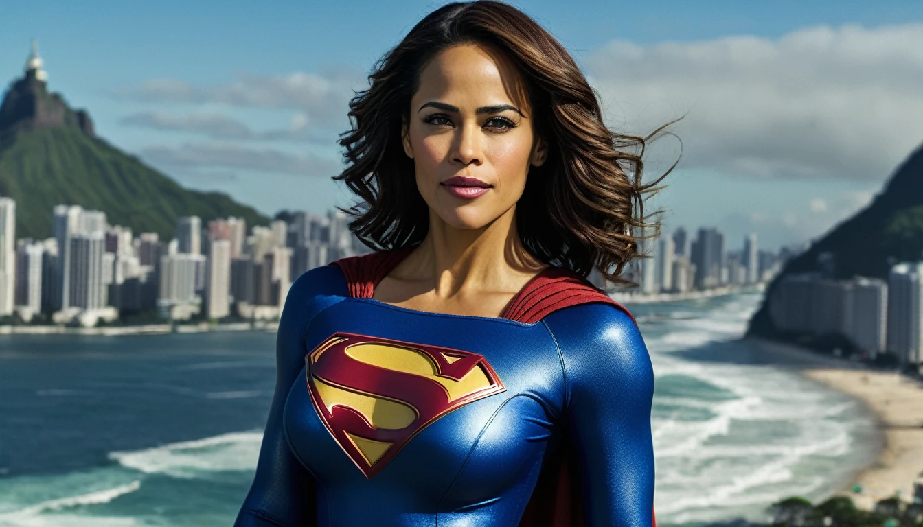 Paula Patton 2000s Supergirl 1984s movie; super sexy breasts.; saving the world; posição de levantar vôo; braços esticados para cima; floating towards the Rio de Janeiro city sky; HD. Photograph, ((realism)), extremely high quality RAW photograph, ultra detailed photograph, sharp focus, high resolution, (detailed skin:1,3),high quality, film grain, Fujifilm XT3,Highly Detailed, movie, (Cinematic Photo:1.3) of (Realistic:1.3)