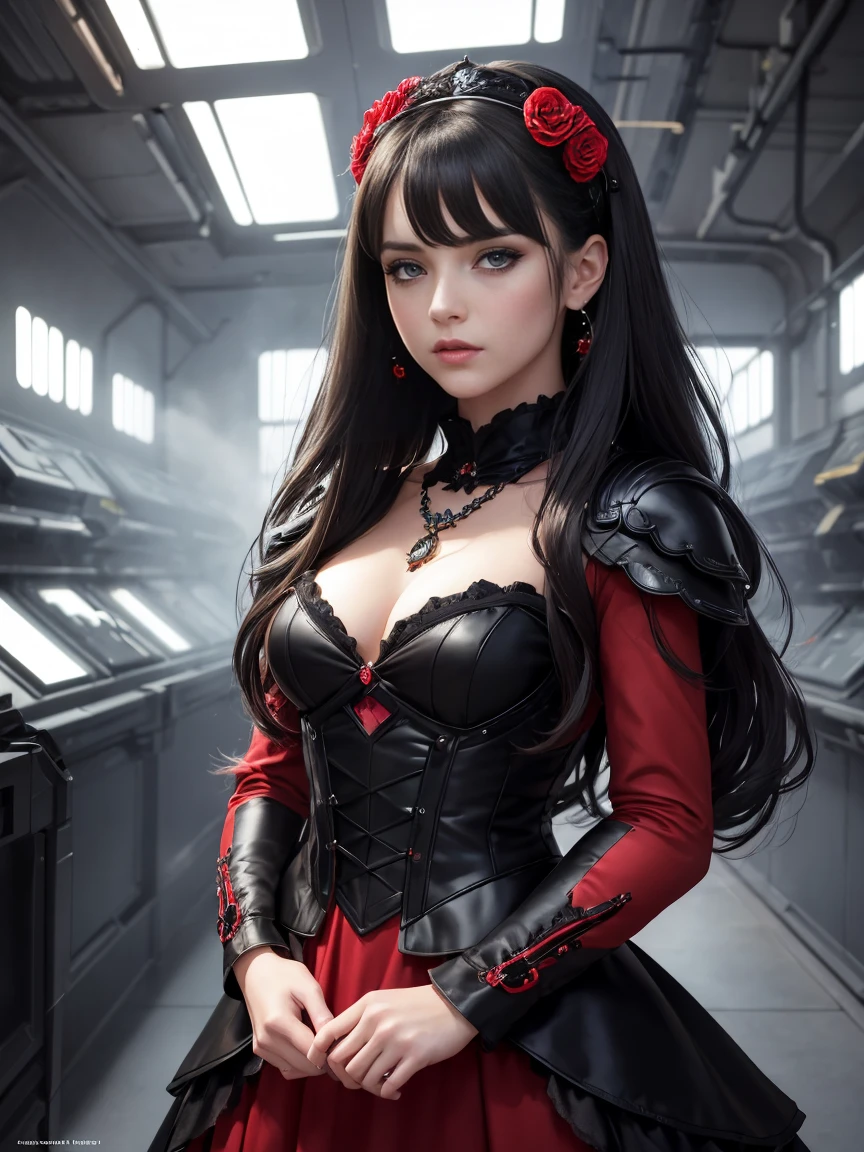 sci-fi poster, full body shot, A dark horizon with a single bright, bold light breaking through the darkness. , best quality, illustration,(beautiful detailed girl), (((masterpiece))), best quality, illustration,(beautiful detailed girl), beautiful detailed radiance, (beautiful detailed eyes), expressive, (-yeld gi1,4), disheveled hair, long bangs, ,(black and red dress), black ribbon, empty look, flower, working in a greenhouse, (spaceship 1.6), sexy Gothic lolita, Mona Genshin Impact, high detail, 1girl, small, , long hair, bright blue eyes, perfect appearance, perfect eyes realistic, flawless hair, bangs, makeup, earrings, necklace, decorations, (magic eyes), sparkling eyes, cold expression, aloof, Detailed face, High detail masterwork by Pascal Blanche Rutkowski, Repin Art station, Hyperrealistic painting, Concept ART of detailed character design, Matte painting, 4K resolution, Mysterious half-open chestr, Glamour, Medium make-up