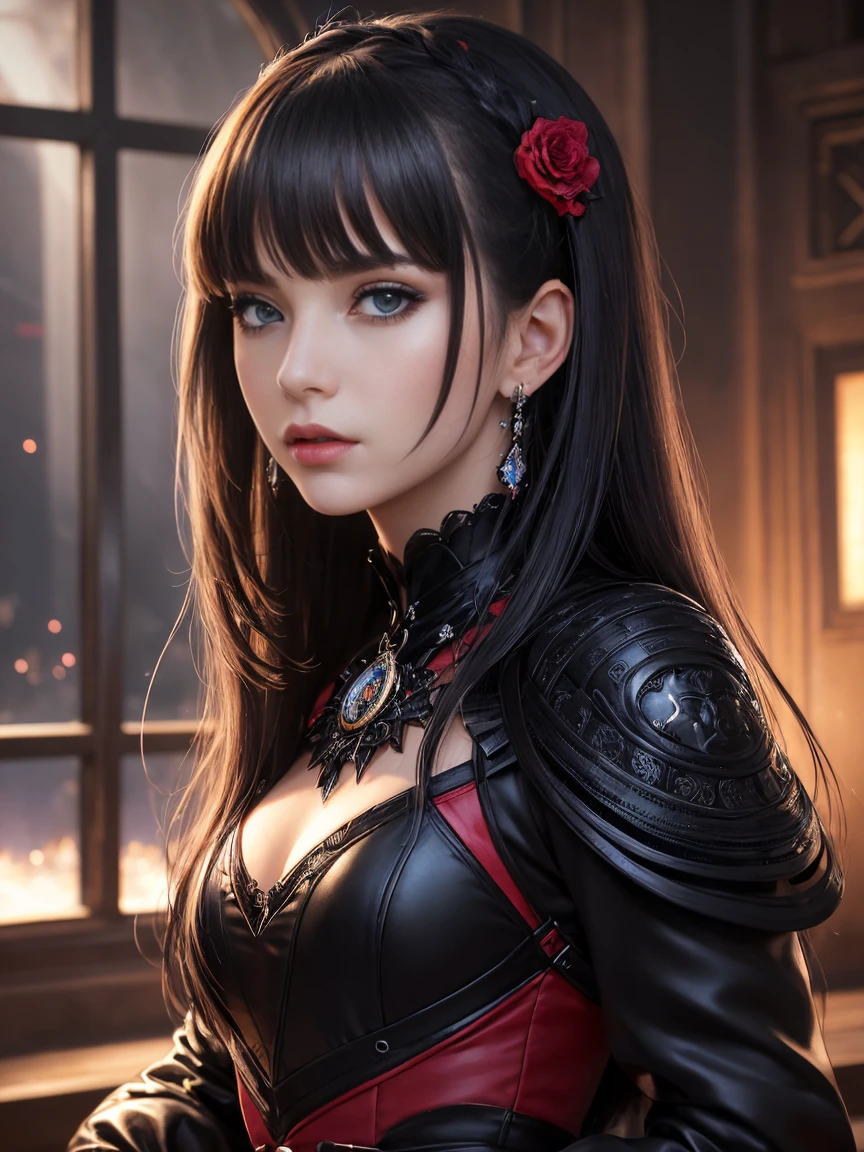 sci-fi poster, full body shot, A dark horizon with a single bright, bold light breaking through the darkness. , best quality, illustration,(beautiful detailed girl), (((masterpiece))), best quality, illustration,(beautiful detailed girl), beautiful detailed radiance, (beautiful detailed eyes), expressive, (16-year-old girl:1,4), disheveled hair, long bangs, ,(black and red dress), black ribbon, empty look, flower, working in a greenhouse, (spaceship 1.6), sexy Gothic lolita, Mona Genshin Impact, high detail, 1girl, small, , long hair, bright blue eyes, perfect appearance, perfect eyes realistic, flawless hair, bangs, makeup, earrings, necklace, decorations, (magic eyes), sparkling eyes, cold expression, aloof, Detailed face, High detail masterwork by Pascal Blanche Rutkowski, Repin Art station, Hyperrealistic painting, Concept ART of detailed character design, Matte painting, 4K resolution, Mysterious half-open chestr, Glamour, Medium make-up