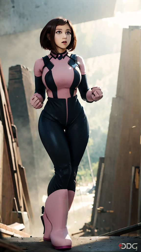 masterpiece, best quality, highres, hmochako, blush stickers, short hair, huge breasts, superhero, bodysuit, boots, ruins, building, fighting stance, clenched hands, wide hips, thick thighs ((curvy)), latex suit