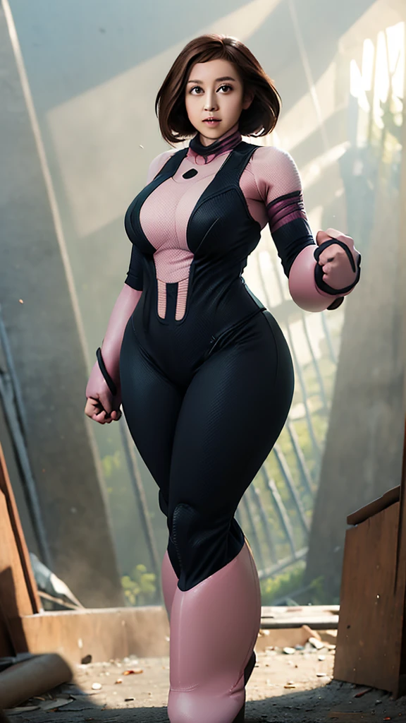 masterpiece, best quality, highres, hmochako, blush stickers, short hair, huge breasts, superhero, bodysuit, boots, ruins, building, fighting stance, clenched hands, wide hips, thick thighs ((curvy)), latex suit