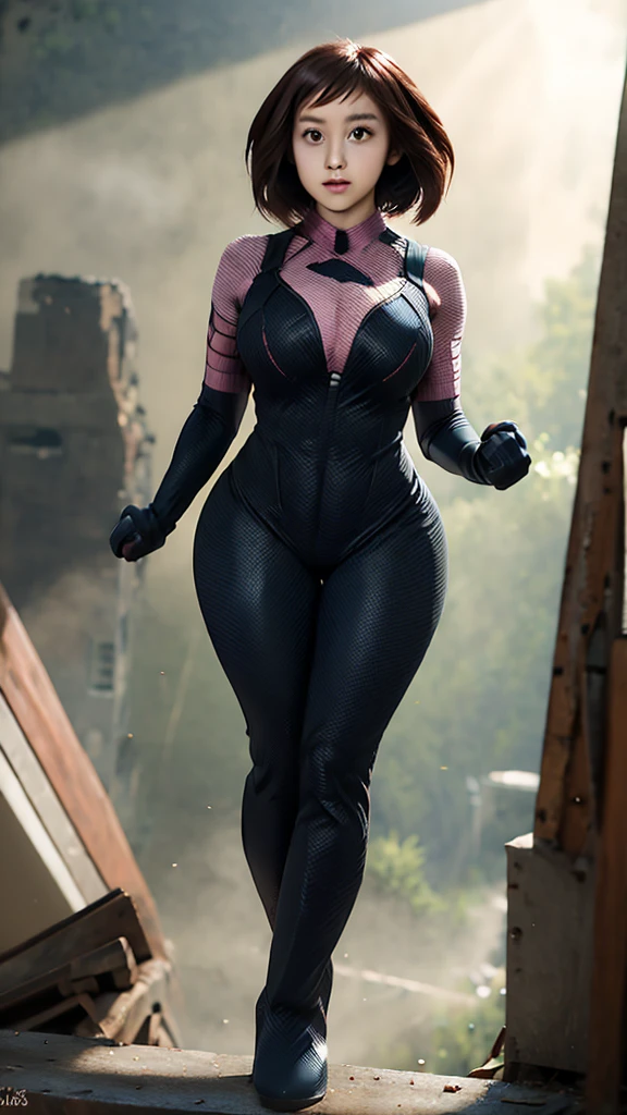 masterpiece, best quality, highres, hmochako, blush stickers, short hair, huge breasts, superhero, bodysuit, boots, ruins, building, fighting stance, clenched hands, wide hips, thick thighs ((curvy)), latex suit