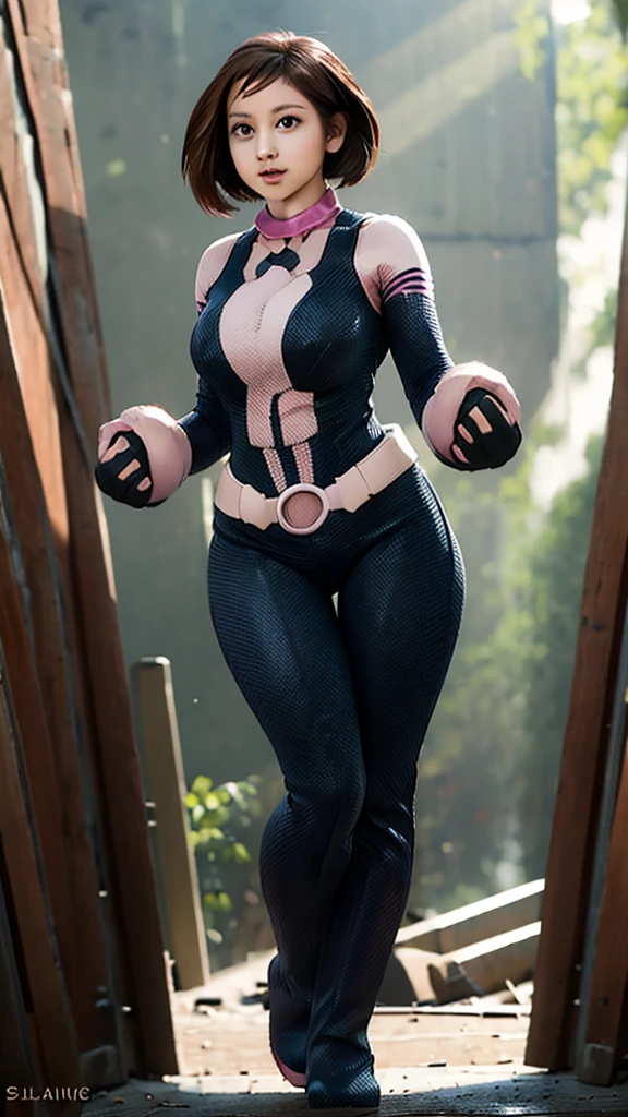 masterpiece, best quality, highres, hmochako, blush stickers, short hair, huge breasts, superhero, bodysuit, boots, ruins, building, fighting stance, clenched hands, wide hips, thick thighs ((curvy)), latex suit