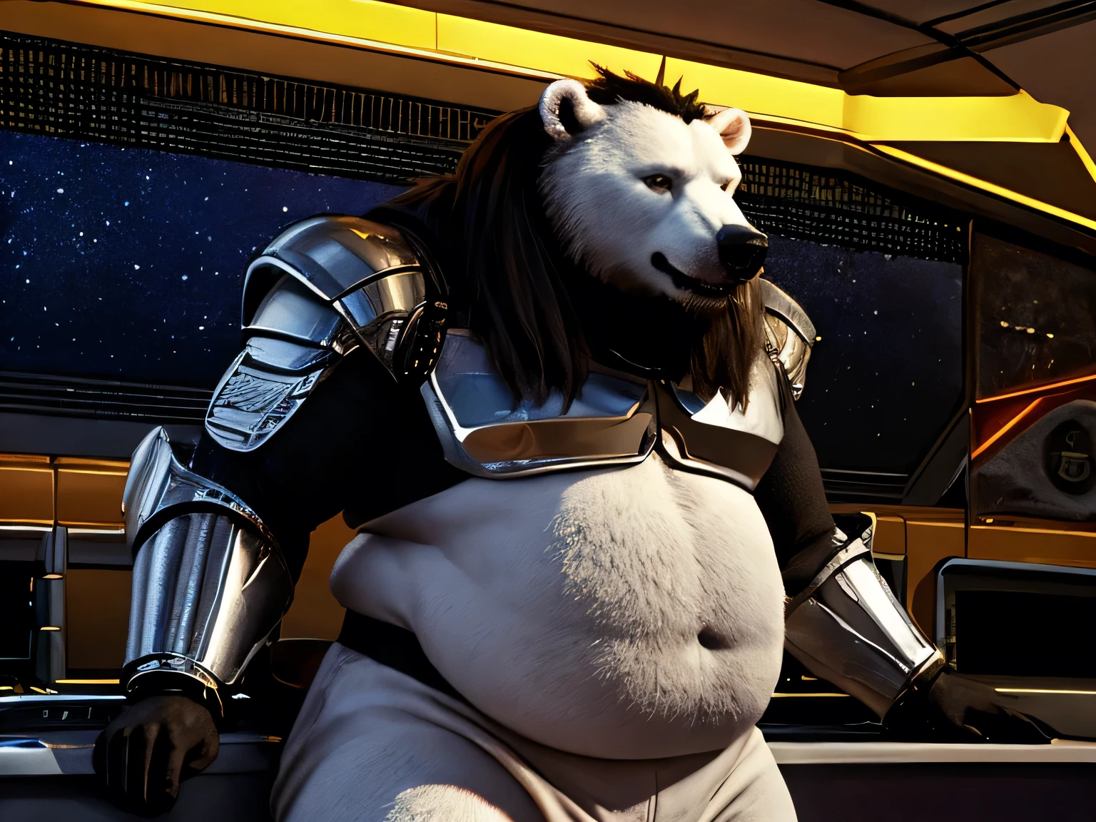 Polar bear, chubby, belly, hyper realistic, muscular arms, thick thighs, long black hair up, black beard, silver futuristic armor, with a futuristic sniper, scene from an 80s sci-fi movie 