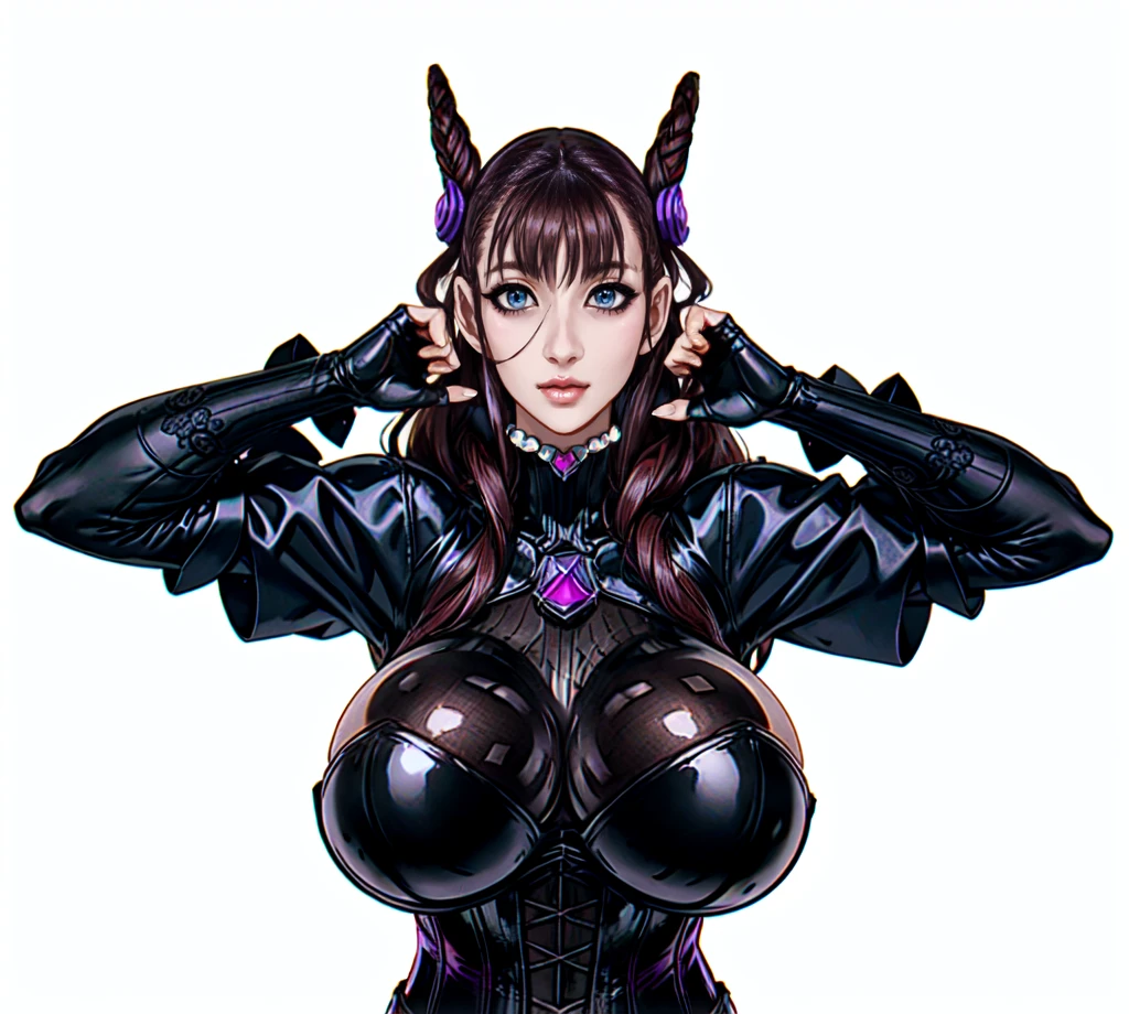 murasakishikibu, murasaki shikibu, brown hair, (purple eyes:1.1), long hair, big breast, BREAK black Leahter Trousers , black latex Corset, long latex sleeves, purple latex finger Gloves,purple gemstone, cone hair bun, double bun, hair bun, hair ornament, long hair, two side up,BREAK (masterpiece:1.2),(beautiful detailed eyes:1.6), extremely detailed face, perfect lighting, extremely detailed CG, (perfect hands, perfect anatomy),blakc long boots,standing in the bar