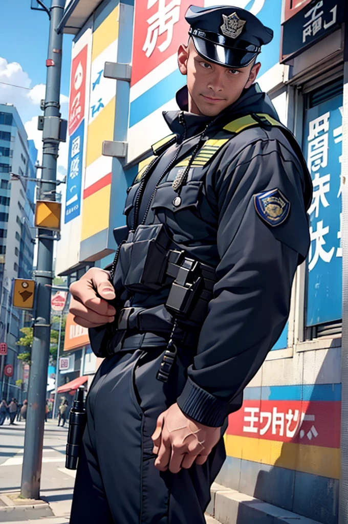 Generate a picture wearing sleeveless、Fitness、Image of male police officer with curious expression on his face , Where: Outside during the day