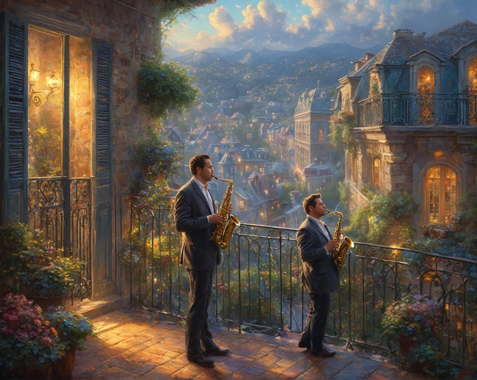 painting of a man playing a saxophone on a balcony with music notes flying around, by Alexander Kucharsky, ( ( thomas kinkade ) ), by Marek Okon, extremely high quality artwork, rhads and thomas kinkade, saxophone, by mark keathley, by Kerembeyit, inspired by Evgeny Lushpin, michael cheval (unreal engine