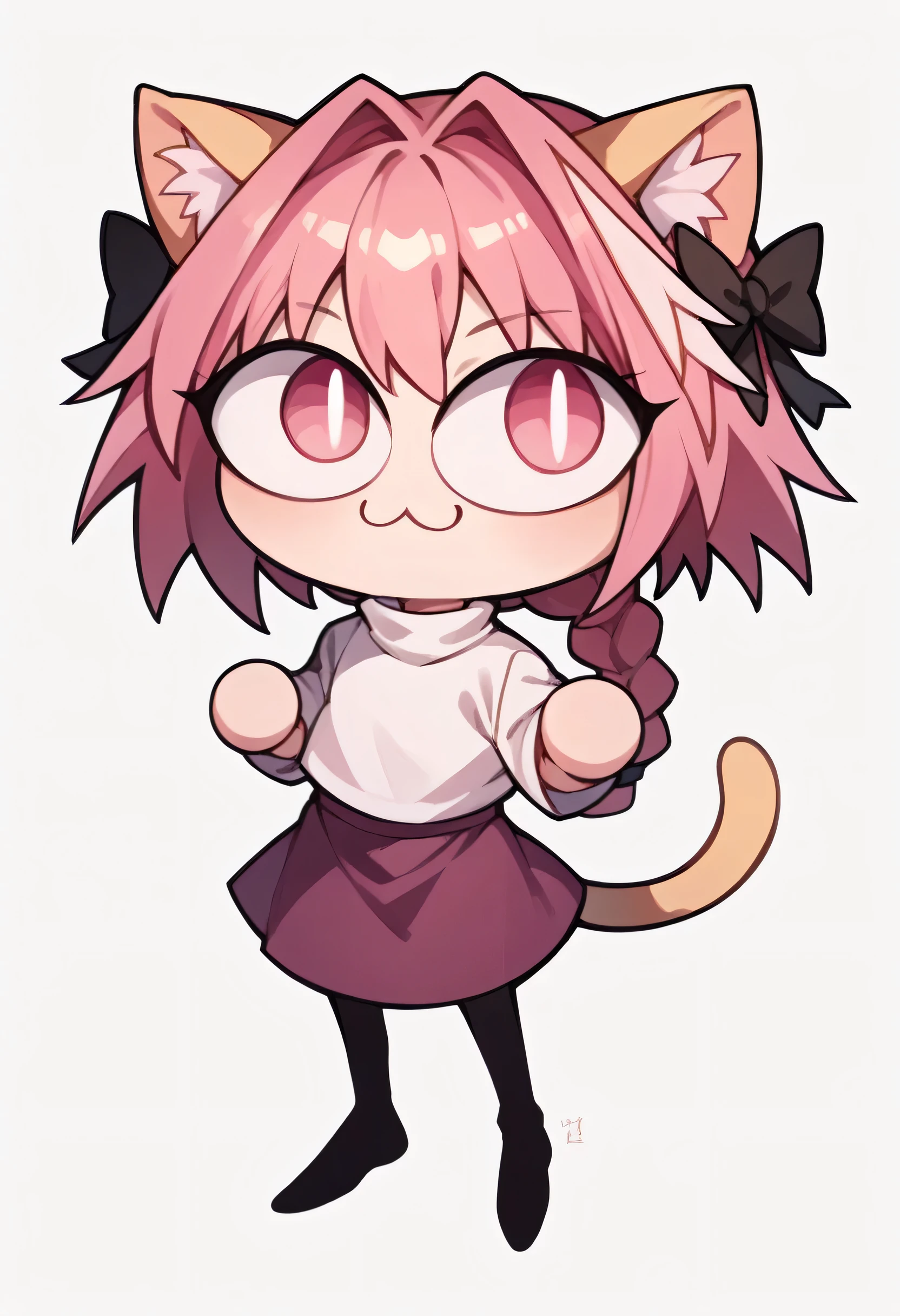 score_9, score_8_up, score_7_up, score_6_up, score_5_up, score_4_up, (((blank_background, white_background))), 1girl, solo, necoarc, lit pupils, cat ears, (pink hair, pink_eyes), chibi, :3, turtleneck, fight_pose, astolfo_costume, purple skirt, pantyhose,NECOARC PINK HAIR,NECOARC BLONDE HAIR