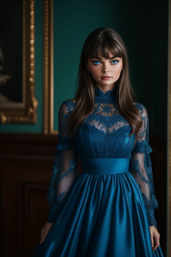 16 year old Paulina Porizkova, ultra-detailed face, ultra detailed blue eyes, (bangs), (long sleeve dress, long skirt), (((masterpiece)))