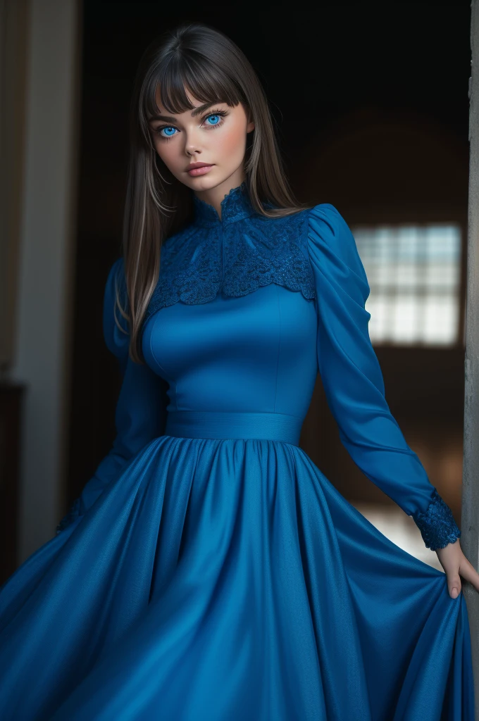 16 year old Paulina Porizkova, ultra-detailed face, ultra detailed blue eyes, (bangs), (long sleeve dress, long skirt), (((masterpiece)))
