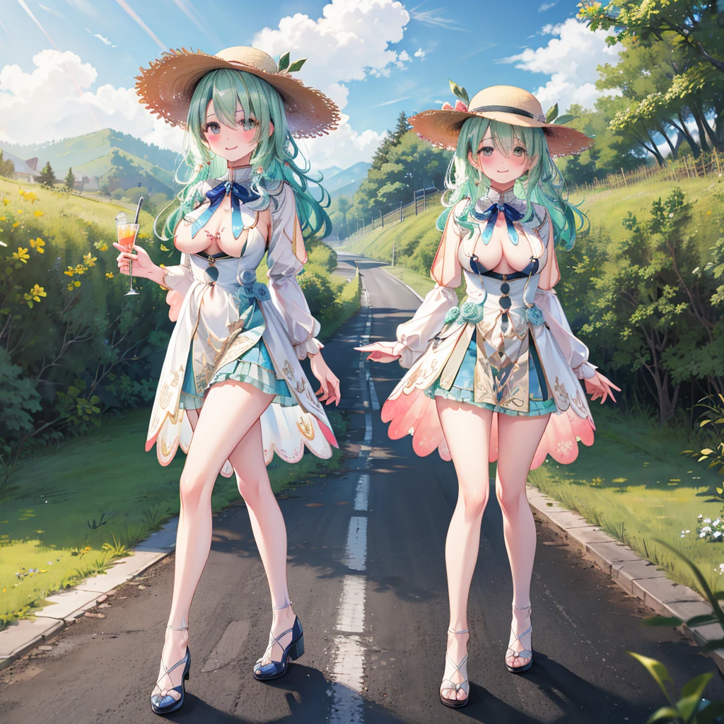 masterpiece, Highest quality, High Resolution, HS1,blush、smile,NSFW、On the road、White dress、Straw hat、walking、Beautiful breasts
