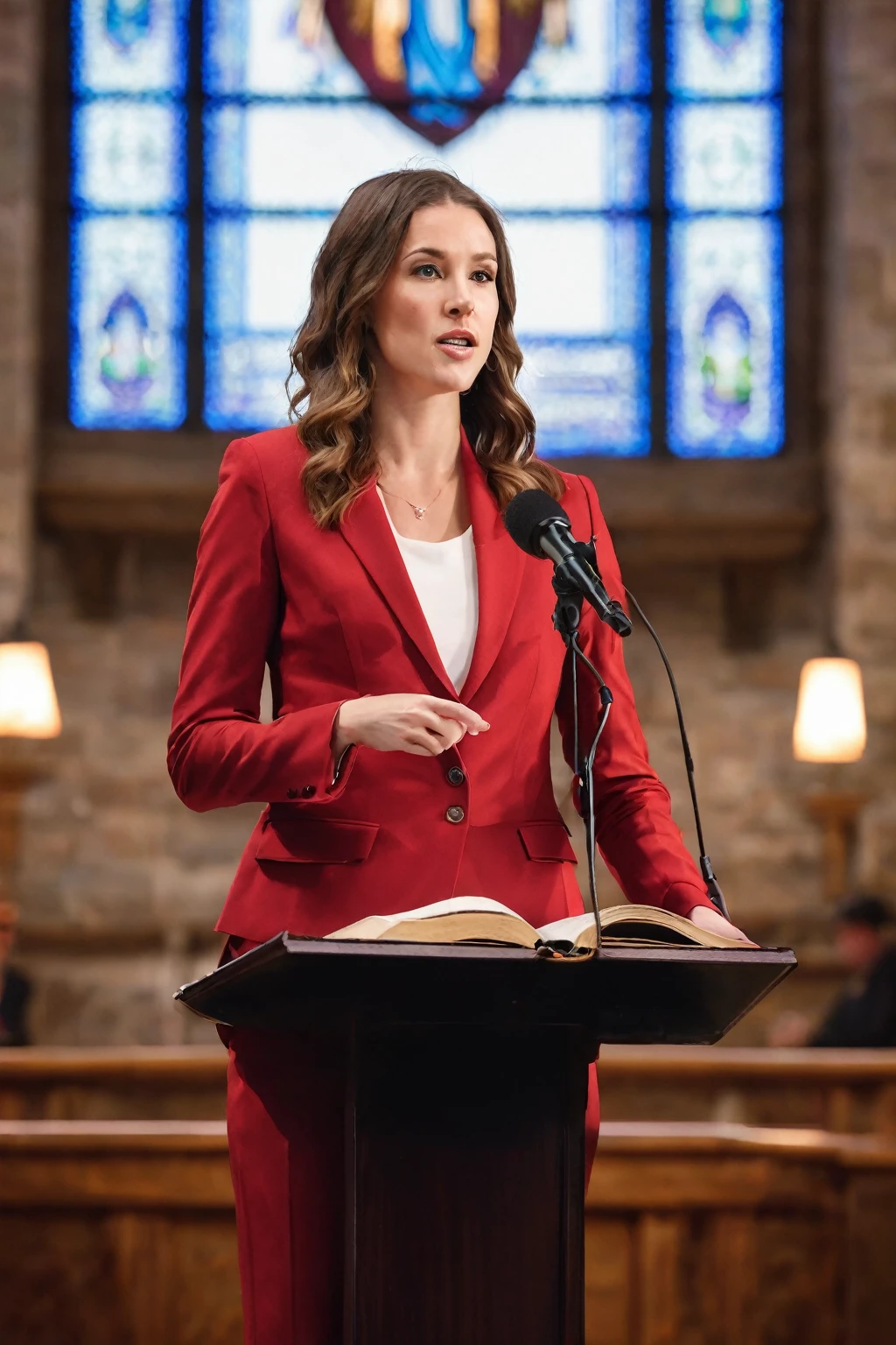 ((woman)), (30 year old), (long hair), (wearing reddish suit), (speech at a lectern), (bible on the pulpit), (showing complete subject), ((full body)), (modern protestant church background), (natural light), (photo realism), (hyper detailed), diffuse lighting, (((front view))), (Nikon D850 DSLR), ((long shot at 200mm f/1. 8 lens)), (Slightly blurred background with bokeh effect),