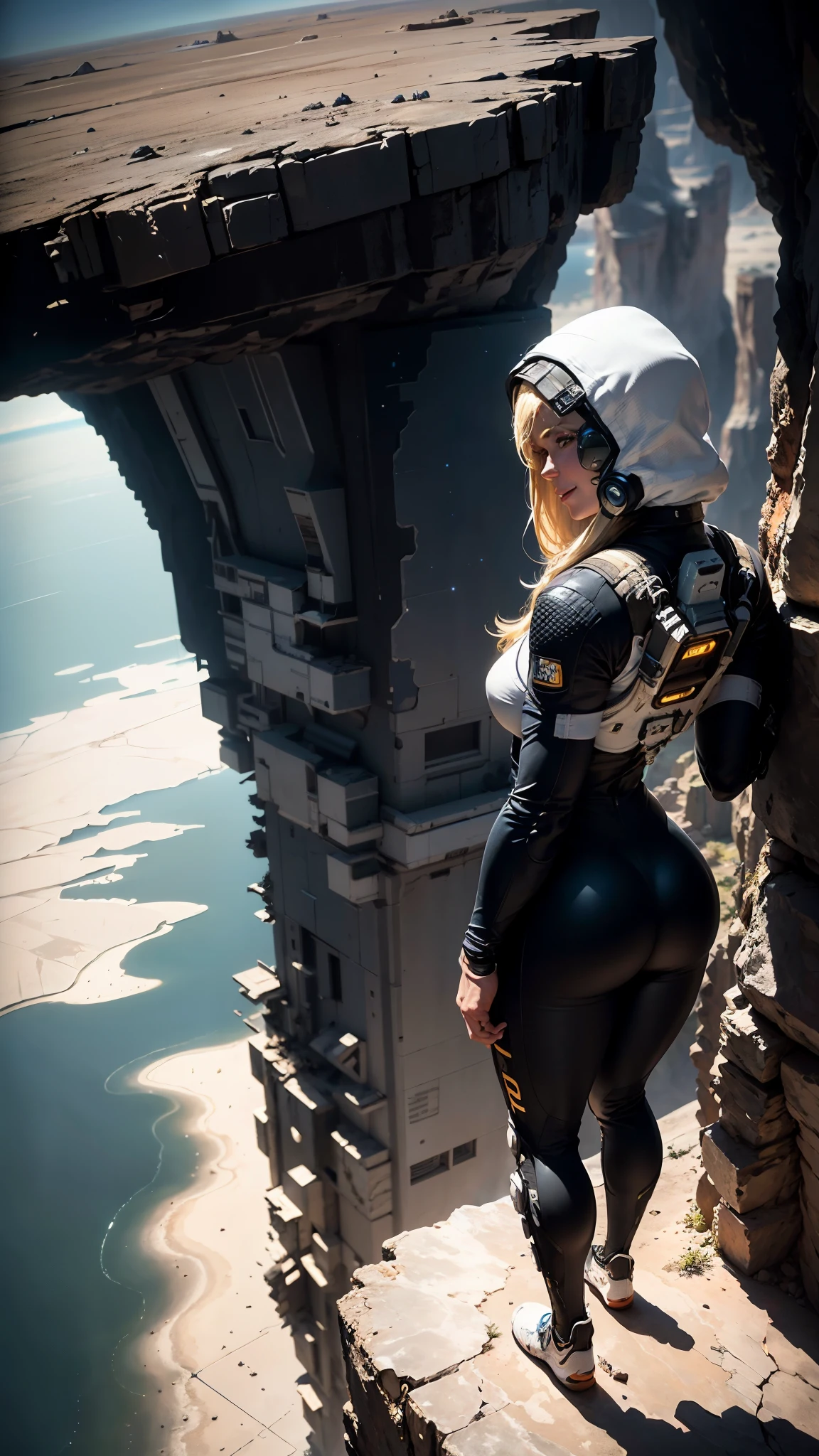 At the top of the mountain and on the edge of the cliff, a muscular blonde woman, with huge ass, wearing spacesuit, Looking and smiling at the camera, Beautiful feet, showing full body. Under the cliff, Four spaceships slowly emerge from the ruins of a desolate city built in the desert, Going to the stars, cinematic lighting, Glow Up, anáglifo, optical illusion, From above, atmospheric perspective, ultra HD