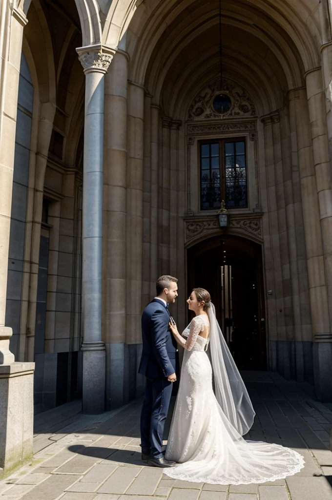 A bride and groom with a strapless lace dress with long sleeves and a long train