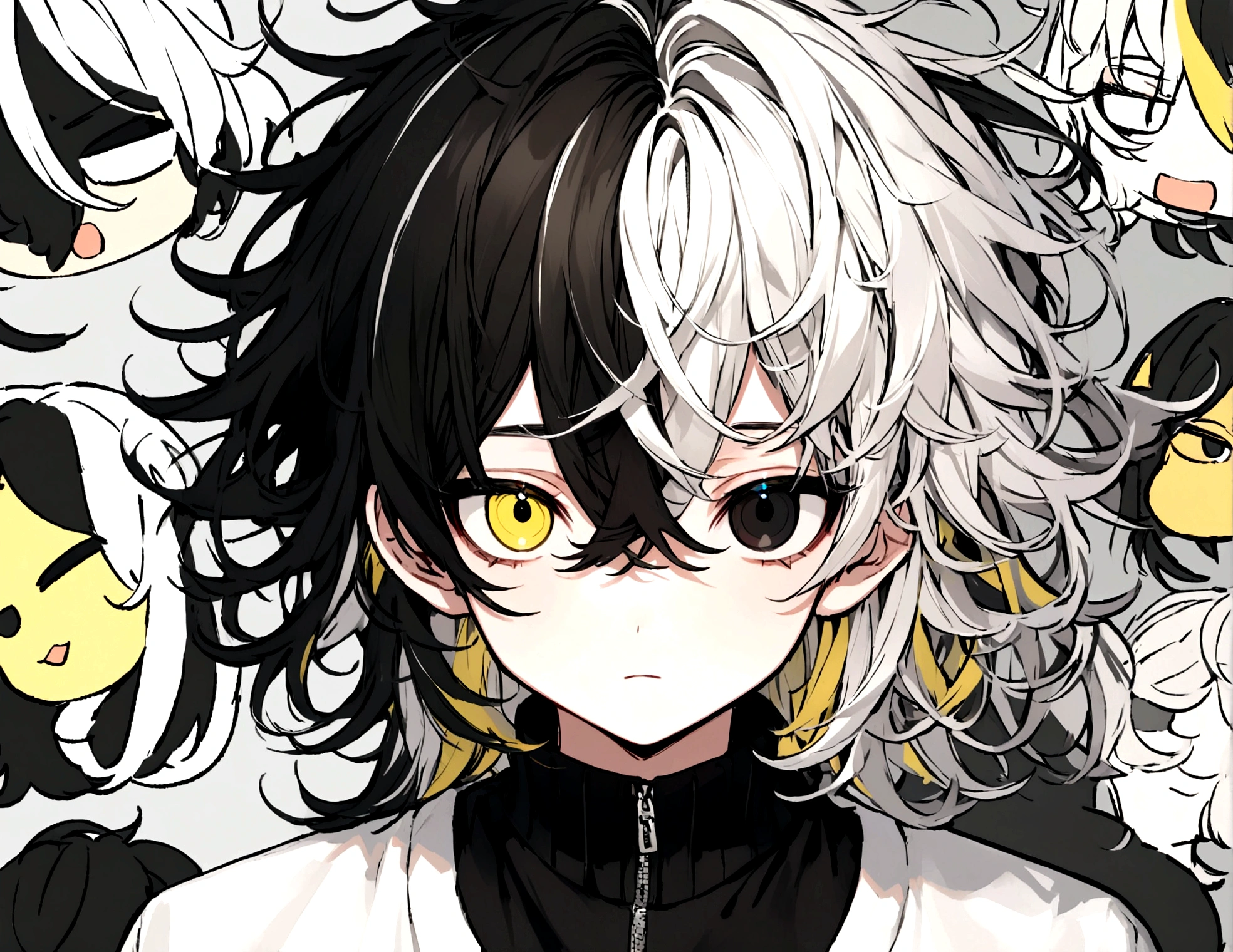 white  shirt, wearing a black sweatshirt with silver details , white tennis shoes with black details, black pants, yellow and black eyes heterochromia, expression of calm, Messy hair , Medium length hair , 1 men , multicolored black and white hair ( focus on hair containing both colors) icon for social network 