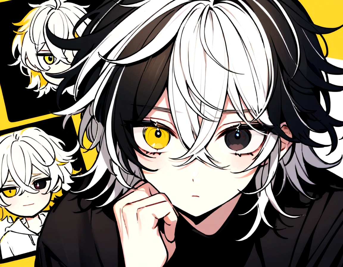 white shirt, wearing a black sweatshirt with silver details , white tennis shoes with black details, black pants, yellow and black eyes heterochromia, expression of calm, Messy hair , Medium length hair , 1 men , multicolored black and white hair ( focus on hair containing both colors) icon for social network