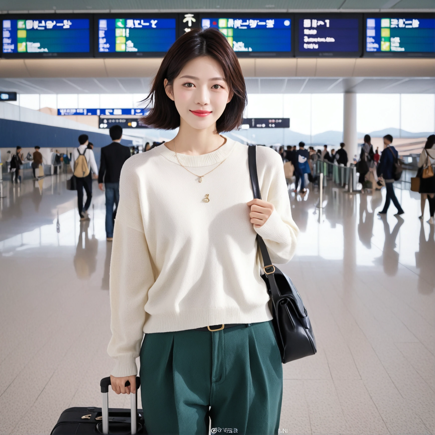 beautiful korean girl , 32 inch chest size, Your eyes are big and pretty. Short in stature. Standing in the departure hall of the airport. . short medium hair, Standing in the departure hall of Haneda Airport, Japan. She wore a luxury brand jumper over a white knit and jeans. dragging a suitcase웃다, short medium hair, short height, Full body shot with Canon camera 16-35 wide angle lens, uhd