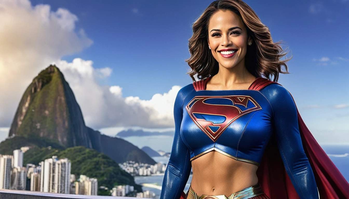 super sexy breasts.; (((Rio de Janeiro City sky))); MARVEL CINEMATIC UNIVERSE, Marvel, DC, Paula Patton (((discreet smile; Beautiful and powerful))) in 1984 Supergirl (((movie))) costume, epic background, upper body, badass look, photo (Masterpiece) (Best quality) (detail) (8K) (HD) (Wallpaper) (Cinematic lighting) (Sharp Focus) (Intricate)