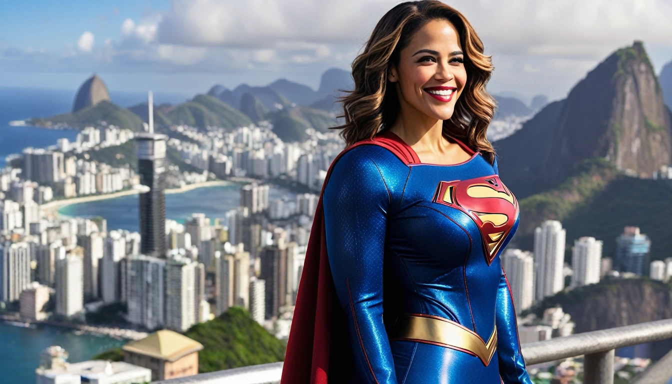 super sexy breasts.; (((Rio de Janeiro City sky))); MARVEL CINEMATIC UNIVERSE, Marvel, DC, Paula Patton (((discreet smile; Beautiful and powerful))) in 1984 Supergirl (((movie))) costume, epic background, upper body, badass look, photo (Masterpiece) (Best quality) (detail) (8K) (HD) (Wallpaper) (Cinematic lighting) (Sharp Focus) (Intricate)