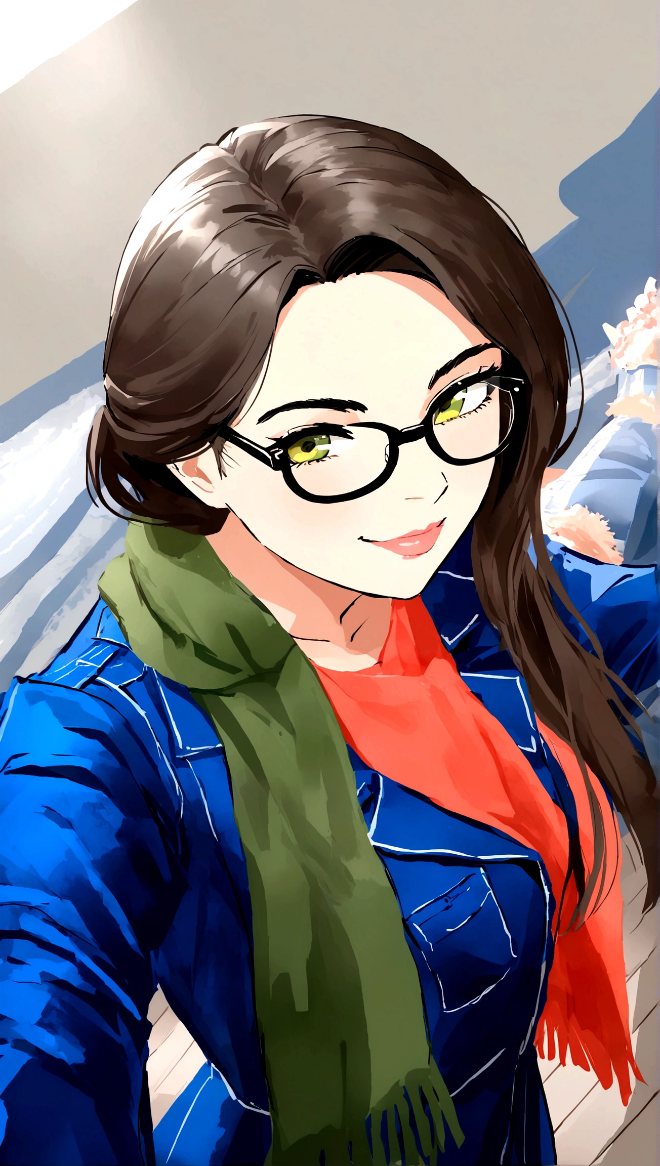 work of art, best qualityer, An old woman with glasses and a scarf, wearing a purple coat and green scarf, stopped not park