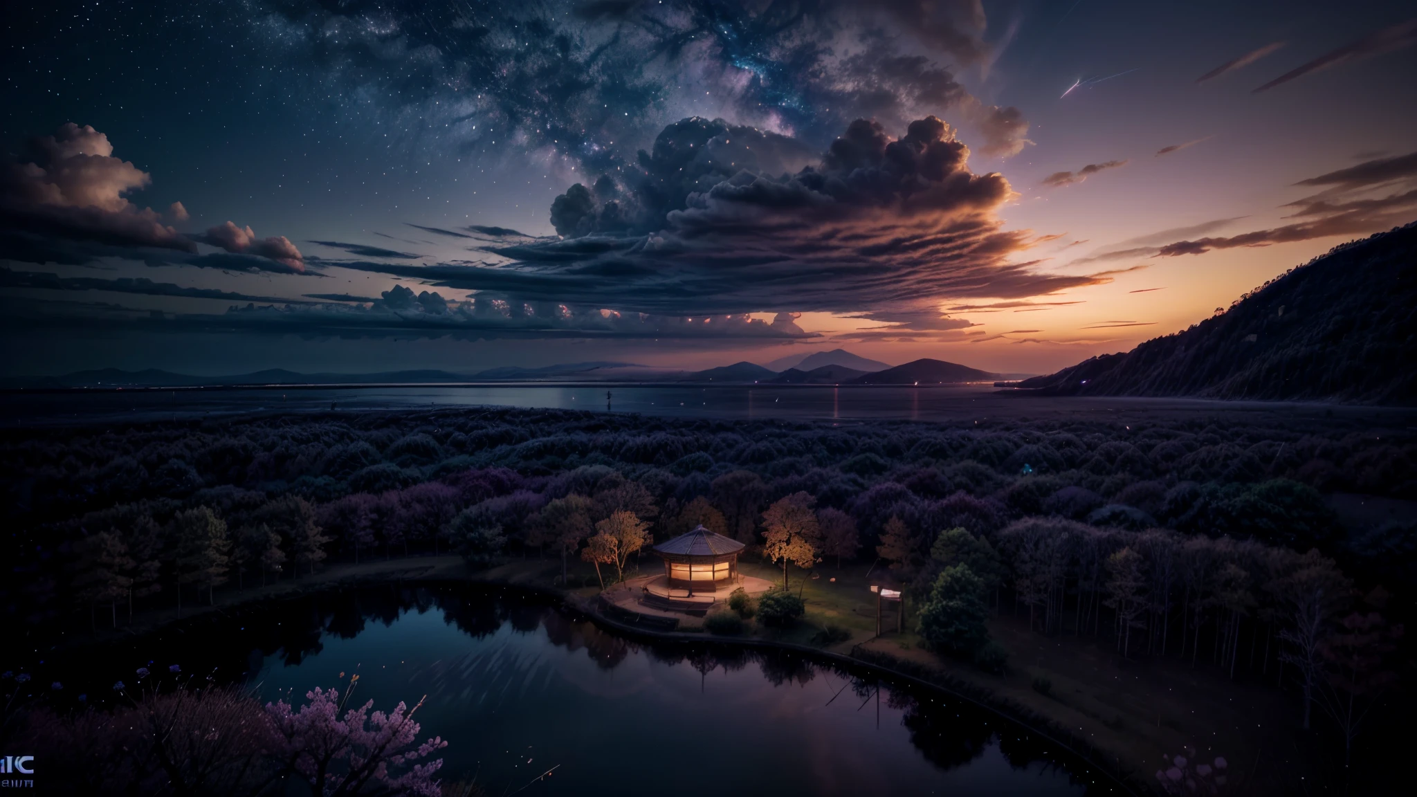 A wide angle visualization of a mystical sunset scene showing a night with a large rotating galaxy and clouds; There is a reflection of a sakura tree in the sea in the center, illuminated by fireflies, an epic moment of silent contemplation and understanding. of the meaning of your trip. Highly detailed UHD anime wallpaper, digital animation, epic.