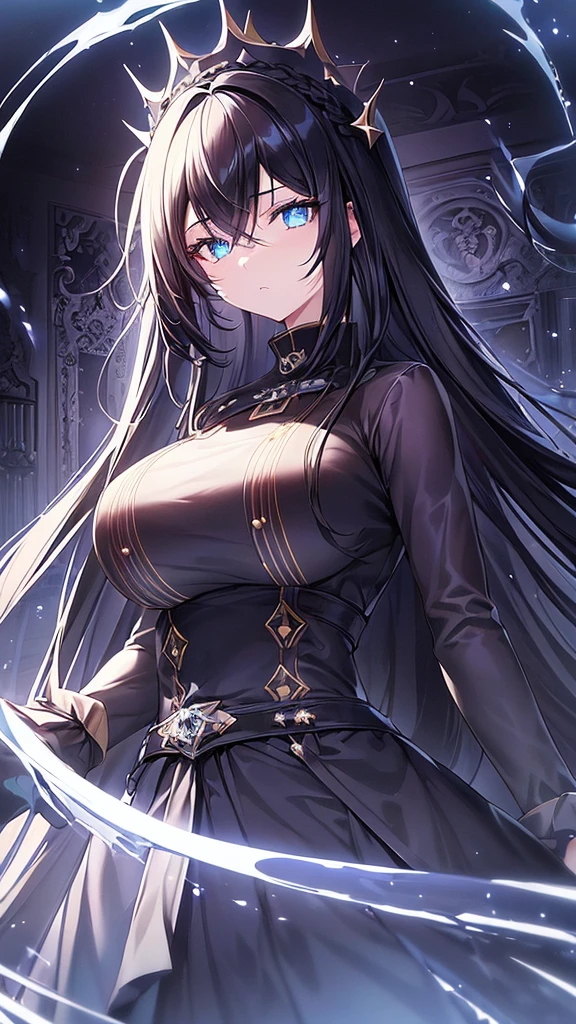 best quality, extremely detailed,anime style girl,long hair down to the waist, straight hair, ((dark black hair with bluish)),braid,beautiful detailed eyes, pinched eyes, (dark blue eyes),huge breasts,curvy,Steampunk-style costumes,hair ornament,Luxurious room,cool expression,((action scene))