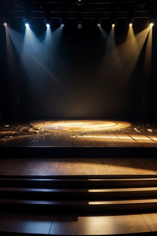 A stage lit with amber light; The center stage is empty; On the left side there is a chair, a table and a mirror, like a dressing room; There is also a chair on the right side., a table and a mirror; From one side to the other across the front of the stage there is a low wall imitating broken glass;