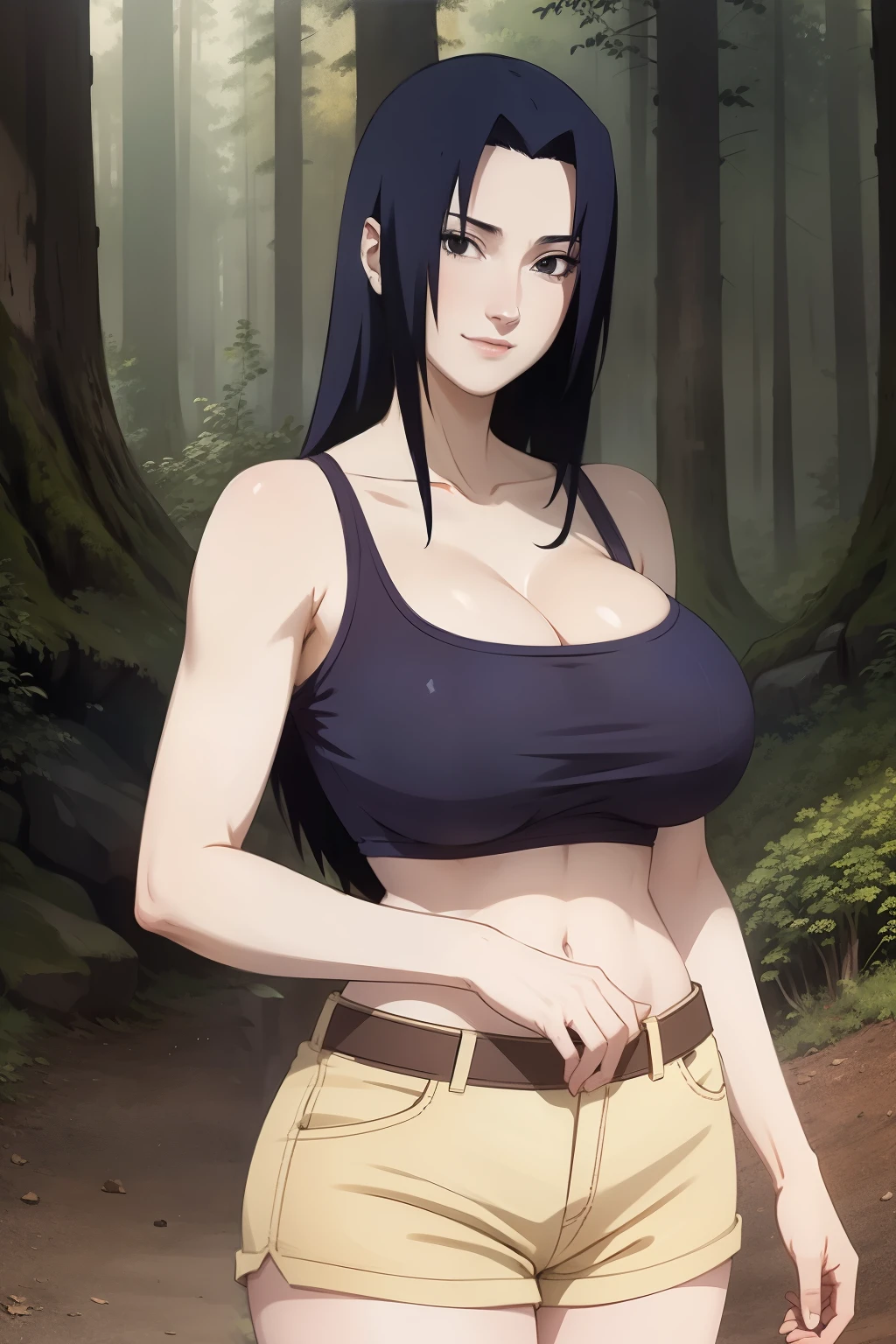 Mikoto Uchiha, oil painting, ultra-detailed, realistic, portrait, vivid colors, soft lighting, (best quality,4k,8k,highres,masterpiece:1.2), (big round breasts:1.5), professional, long black hair, black eyes, beautiful detailed eyes and face, extremely detailed smile, long eyelashes, looking at viewer, very short top, big ass, bare shoulders, white shorts, outdoors, forest, cowboy shot, clavicle.