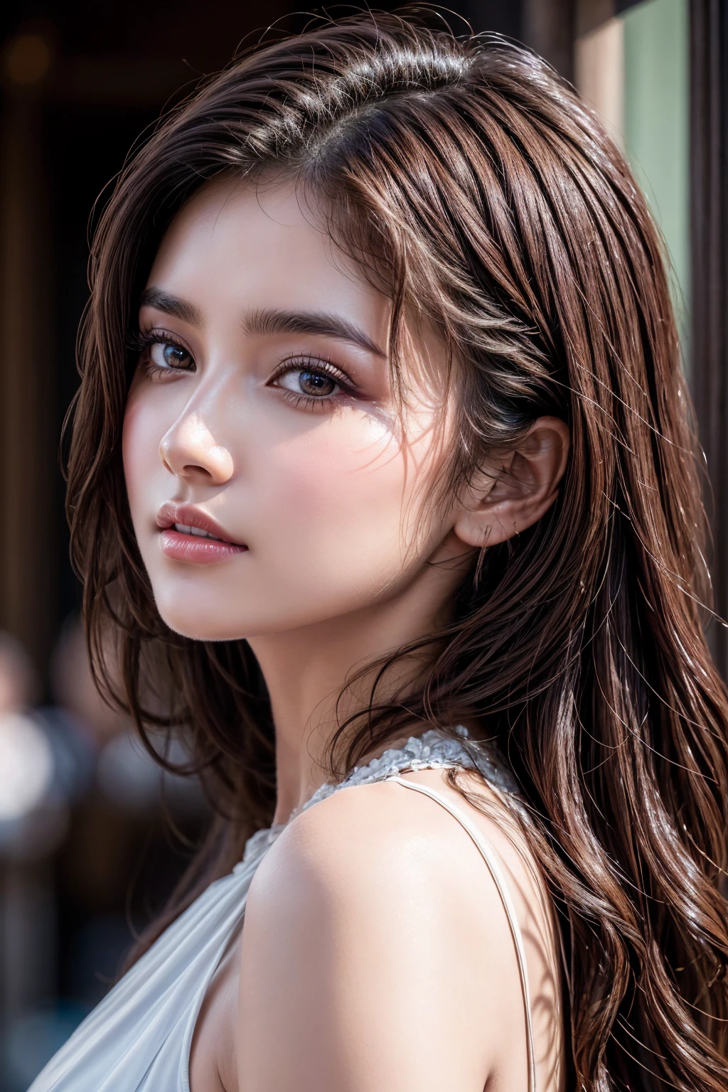 (absurd quality,16k,highres,masterpiece:1.2), ultra details,UHD,(photorealistic Realism 16K Quality), A breathtakingly beautiful 18-year-old girl named Anikha, who is the epitome of elegance and charm. She stands out as the central focus of this ultra-detailed, 8K resolution masterpiece with a perfect score of 9 and a UHD rating of 1.3. Her delicate facial features are captured with a stunning realism that's amplified by a majestic score of 1.5, making her appear as if she's stepped out of a high-definition dream. Her skin glows with a soft blush, perfectly accentuating her detailed, natural beauty. (the most absurd quality perfect eyes), (super beautiful cute sharp-face), (light pale complexion), (clear no blur and sharp perfect round realistic brown_eyes:1.35), finely detailed pupils, detailed lips:1.3, Her eyes, a rich brown, are filled with a blissful vibe, reflecting the cinematic lighting that surrounds her. They are so realistic and sharp that they seem to hold secrets of the universe within them. Her long shining hair are adorned with a hair ornament that adds an extra touch of elegance to her already flawless look. The background, a canvas of blurred perfection with a score of 1.7 for background blur, showcases an intricate design that complements the overall aesthetic without overwhelming the main subject.