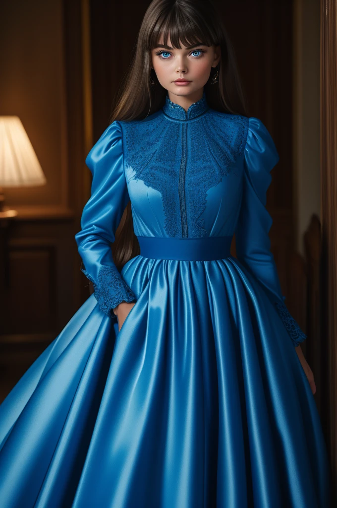 Paulina Porizkova, ultra-detailed face, ultra detailed blue eyes, (bangs), (long sleeve dress, long skirt), (((masterpiece)))
