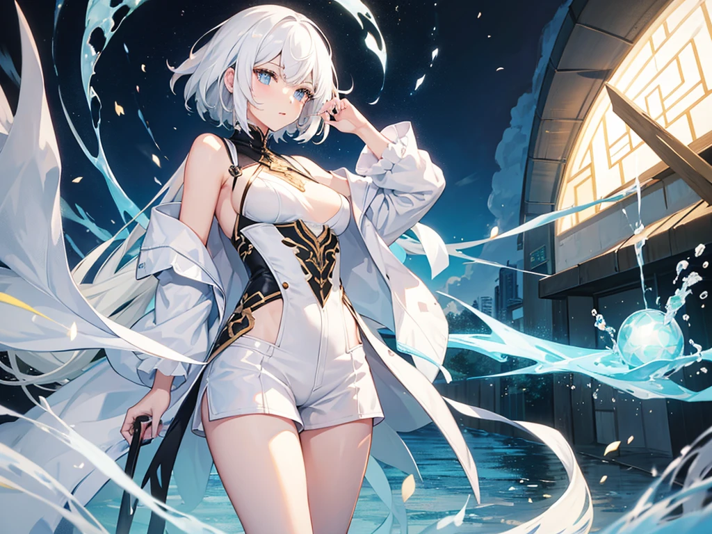 Beautiful woman with medium white hair , short clothes and small breasts