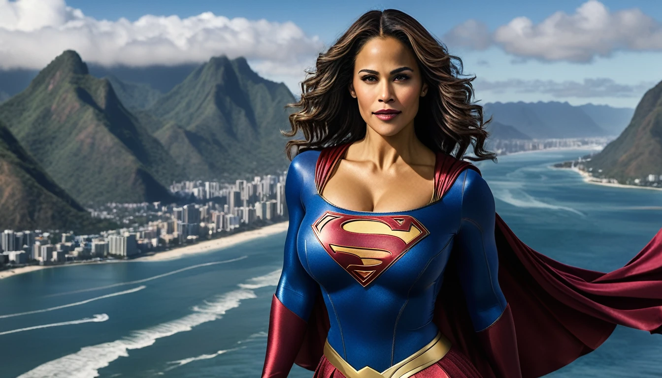 Paula Patton 2000s Supergirl 1984s movie costume; super breasts. Saving the world; posição de levantar vôo; braços esticados para cima; floating towards the Rio de Janeiro sky; HD. Photograph, ((realism)), extremely high quality RAW photograph, ultra detailed photograph, sharp focus, high resolution, (detailed skin:1,3),high quality, film grain, Fujifilm XT3,Highly Detailed, movie, (Cinematic Photo:1.3) of (Realistic:1.3). Super breasts.