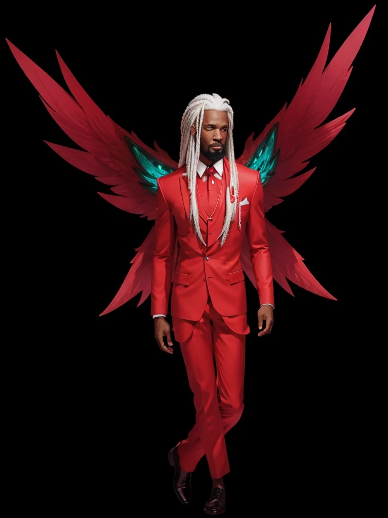 A black man with white hair, with white beard, with a red suit set and with red wings.