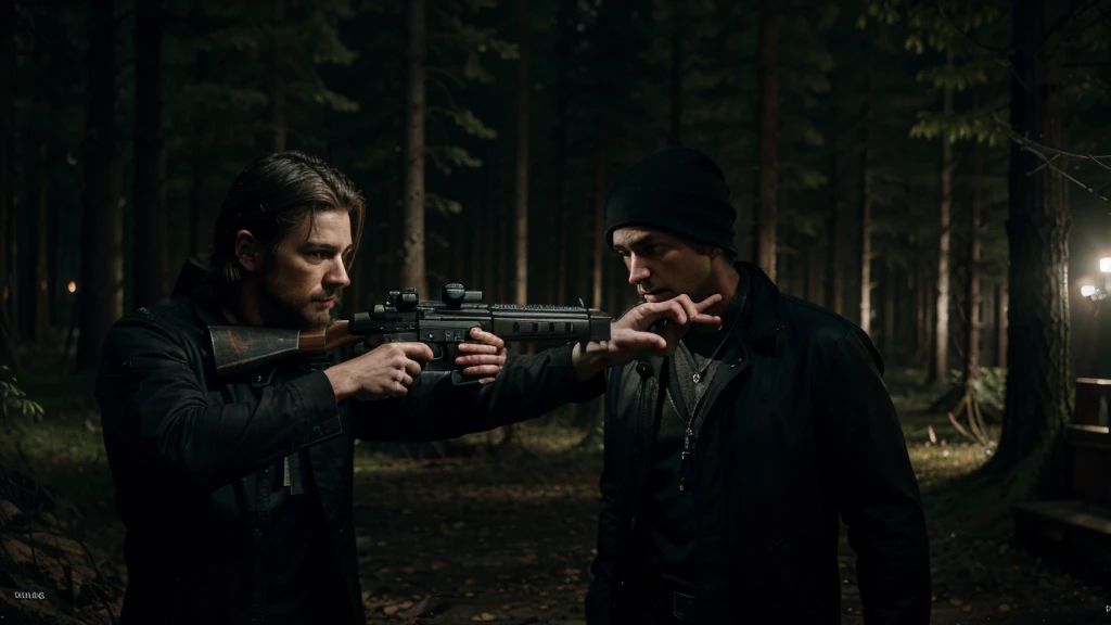 a man aiming gun at the thief, the thief standing with hands raised, night forest, (best quality,4k,8k,highres,masterpiece:1.2),ultra-detailed,(realistic,photorealistic,photo-realistic:1.37),HDR,UHD,ultra-fine painting,sharp focus,physically-based rendering,extreme detail description,professional,vivid colors,bokeh,suspense,dramatic,dark,moody,atmospheric