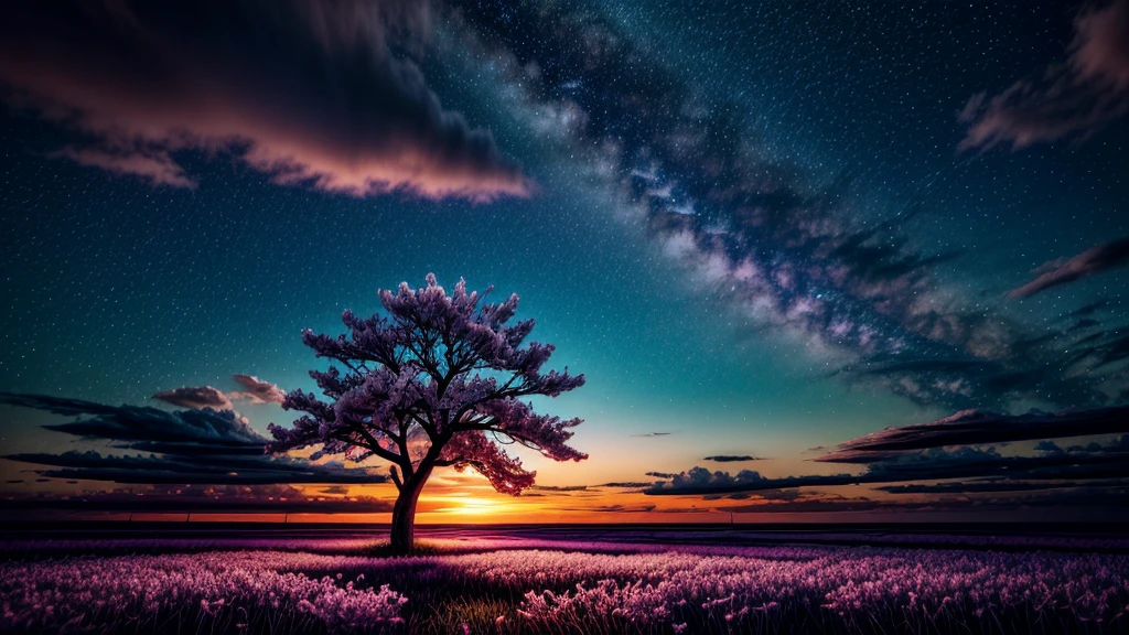 A wide angle visualization of a mystical sunset scene showing a night with a large rotating galaxy and clouds; There is a reflection of a sakura tree in the sea in the center, illuminated by fireflies, an epic moment of silent contemplation and understanding. of the meaning of your trip. Highly detailed UHD anime wallpaper, digital animation, epic.