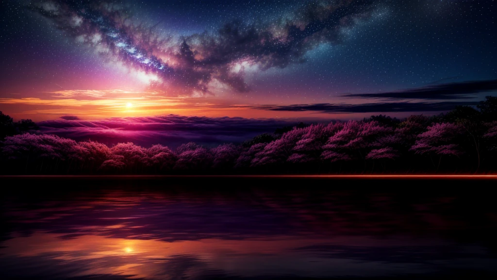 A wide angle visualization of a mystical sunset scene showing a night with a large rotating galaxy and clouds; There is a reflection of a sakura tree in the sea in the center, illuminated by fireflies, an epic moment of silent contemplation and understanding. of the meaning of your trip. Highly detailed UHD anime wallpaper, digital animation, epic.