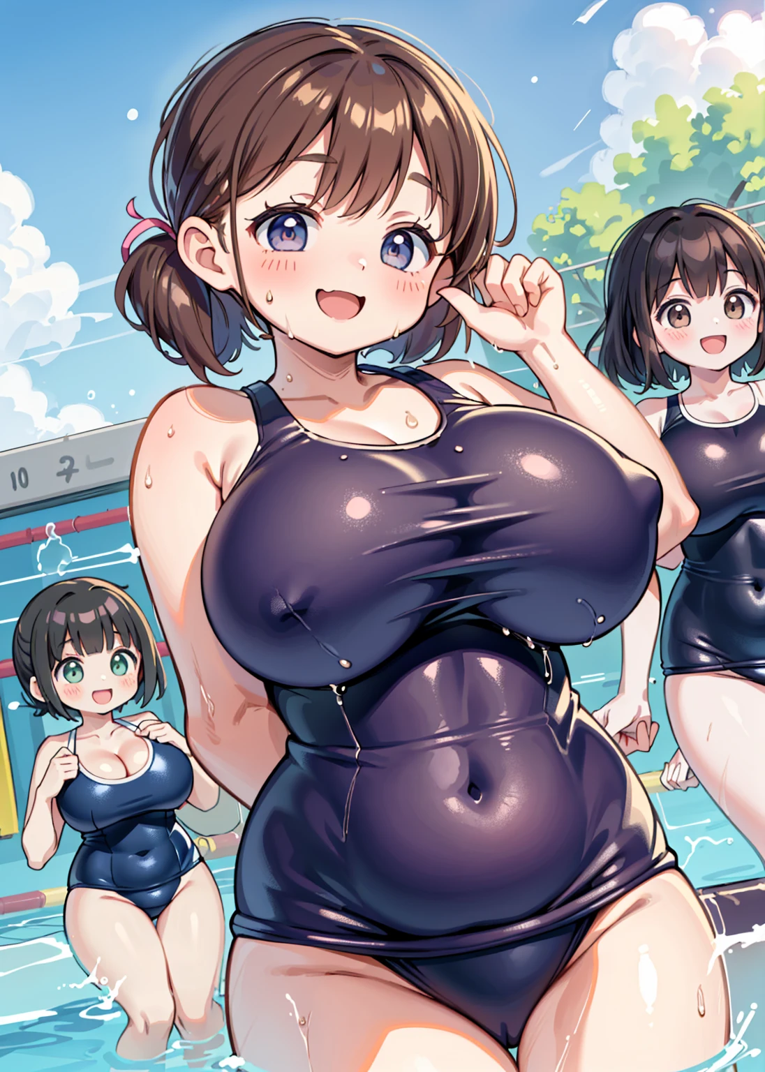 Highest quality、High resolution、Detailed Background、masterpiece、cute10代の美少女、Three Women、Navy school swimsuit、Brown Hair、Bobcut、Braided Ponytail、それぞれcute編み込みヘアスタイル、(Huge breasts:1.3)、Realistic images、Perfect body line、Thick thighs、Detailed face、
(Three beautiful girls in school swimsuits having fun in the school pool.:1.5)、
Splashing water、Happy expression、smile、open your mouth and smile、smile、Swimsuit that glows when wet、My whole body is wet、My hair is wet too、cute,NSFW、Pussy line