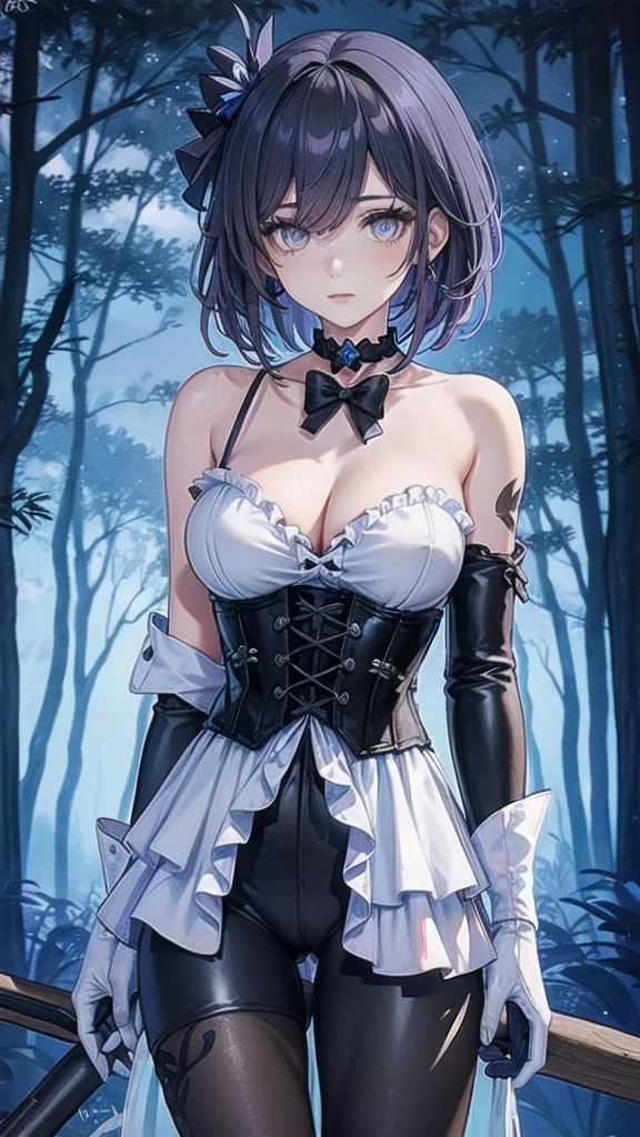 Masterpiece, Beautiful art, professional artist, 8k, Very detailed face, Detailed clothing, detailed fabric, 1 girl, Soul Fullness \(Honkai Impact 3rd\), front view, standing, BIG BREASTS, perfectly drawn body, shy expression, pale skin, beautiful face, short dark blue hair, 4k eyes, very detailed eyes, pink cheeks, choker:1.6, (white long sleeve button down shirt with white collar), black gloves, gloves that cover hands, (holds an ax with his right hand), (black leather corset), (shiny black leggings), Sensual Lips , winter night, show details in the eyes, looking at the viewer, dark forest, Atmosphere, fog, At night