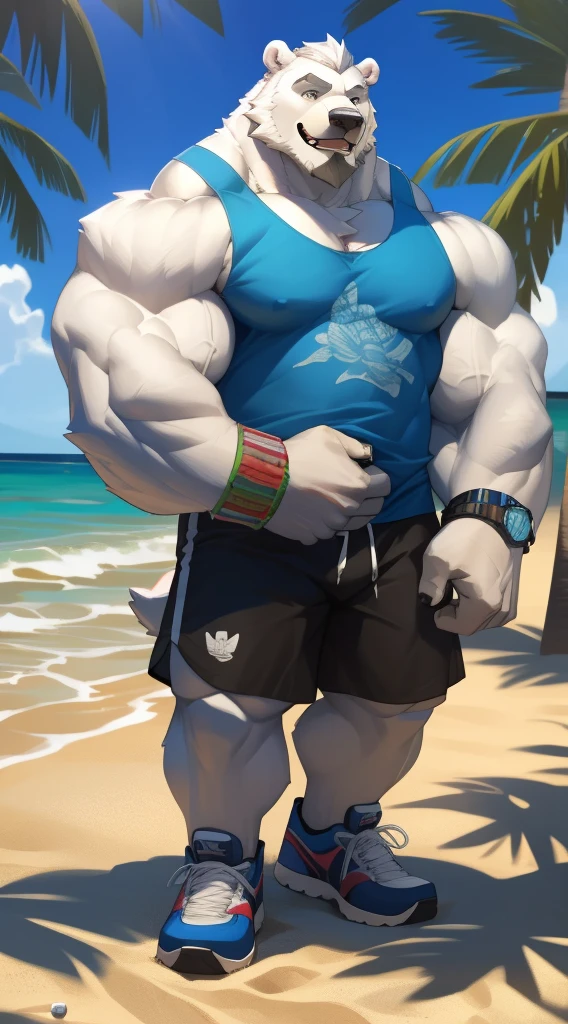 huge muscular polar bear in street city, big smile, polar bear, huge white fur, thick arm, huge arm, bearded. white hair and beard, bearded, (thick muscular, pectoral, wide pectoral, thick arms), beach, palm, realistic, 8k, masterpiece, (wearing white shorts, wristband, watch and tank top, shoes)