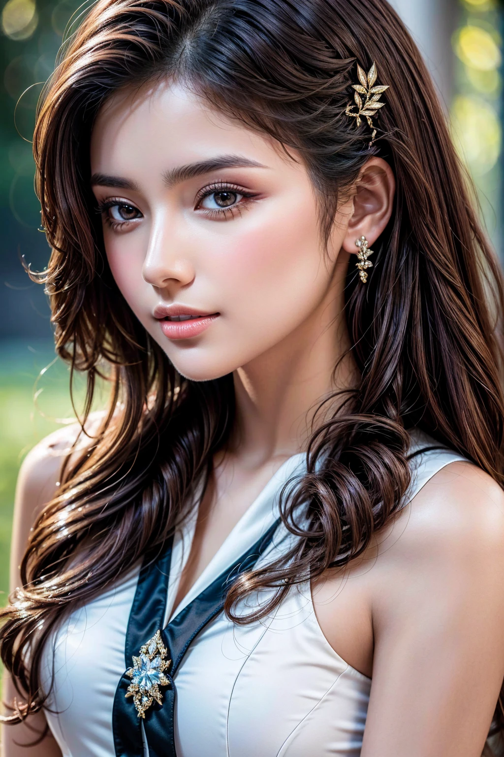 (absurd quality,16k,highres,masterpiece:1.2), ultra details,UHD,(photorealistic Realism 16K Quality), A breathtakingly beautiful 18-year-old girl named Anikha, who is the epitome of elegance and charm. She stands out as the central focus of this ultra-detailed, 8K resolution masterpiece with a perfect score of 9 and a UHD rating of 1.3. Her delicate facial features are captured with a stunning realism that's amplified by a majestic score of 1.5, making her appear as if she's stepped out of a high-definition dream. Her skin glows with a soft blush, perfectly accentuating her detailed, natural beauty. (the most absurd quality perfect eyes), (super beautiful cute sharp-face), (light pale complexion), (clear no blur and sharp perfect round realistic brown_eyes:1.35), finely detailed pupils, detailed lips:1.3, Her eyes, a rich brown, are filled with a blissful vibe, reflecting the cinematic lighting that surrounds her. They are so realistic and sharp that they seem to hold secrets of the universe within them. Her long shining hair are adorned with a hair ornament that adds an extra touch of elegance to her already flawless look. The background, a canvas of blurred perfection with a score of 1.7 for background blur, showcases an intricate design that complements the overall aesthetic without overwhelming the main subject.