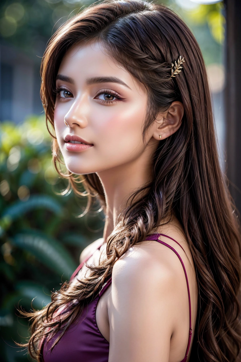 (absurd quality,16k,highres,masterpiece:1.2), ultra details,UHD,(photorealistic Realism 16K Quality), A breathtakingly beautiful 18-year-old girl named Anikha, who is the epitome of elegance and charm. She stands out as the central focus of this ultra-detailed, 8K resolution masterpiece with a perfect score of 9 and a UHD rating of 1.3. Her delicate facial features are captured with a stunning realism that's amplified by a majestic score of 1.5, making her appear as if she's stepped out of a high-definition dream. Her skin glows with a soft blush, perfectly accentuating her detailed, natural beauty. (the most absurd quality perfect eyes), (super beautiful cute sharp-face), (light pale complexion), (clear no blur and sharp perfect round realistic brown_eyes:1.35), finely detailed pupils, detailed lips:1.3, Her eyes, a rich brown, are filled with a blissful vibe, reflecting the cinematic lighting that surrounds her. They are so realistic and sharp that they seem to hold secrets of the universe within them. Her long shining hair are adorned with a hair ornament that adds an extra touch of elegance to her already flawless look. The background, a canvas of blurred perfection with a score of 1.7 for background blur, showcases an intricate design that complements the overall aesthetic without overwhelming the main subject. 