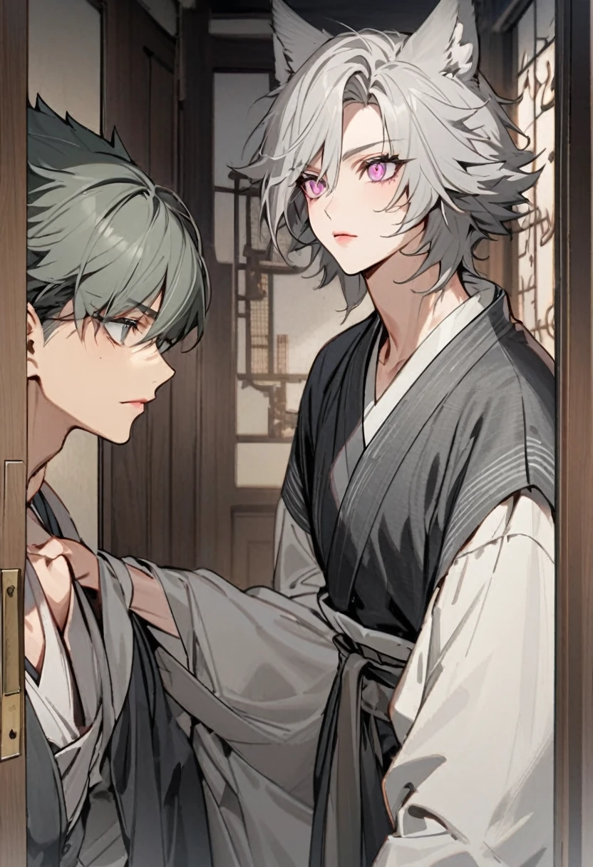 hybrid character with wolf ears, masculine and dominant, Wolfcut short gray hair, pink iris eyes, skin fair, gray hanbok clothes, mature appearance around 15 years old with youthful features , pink lips opening a door with a curious expression