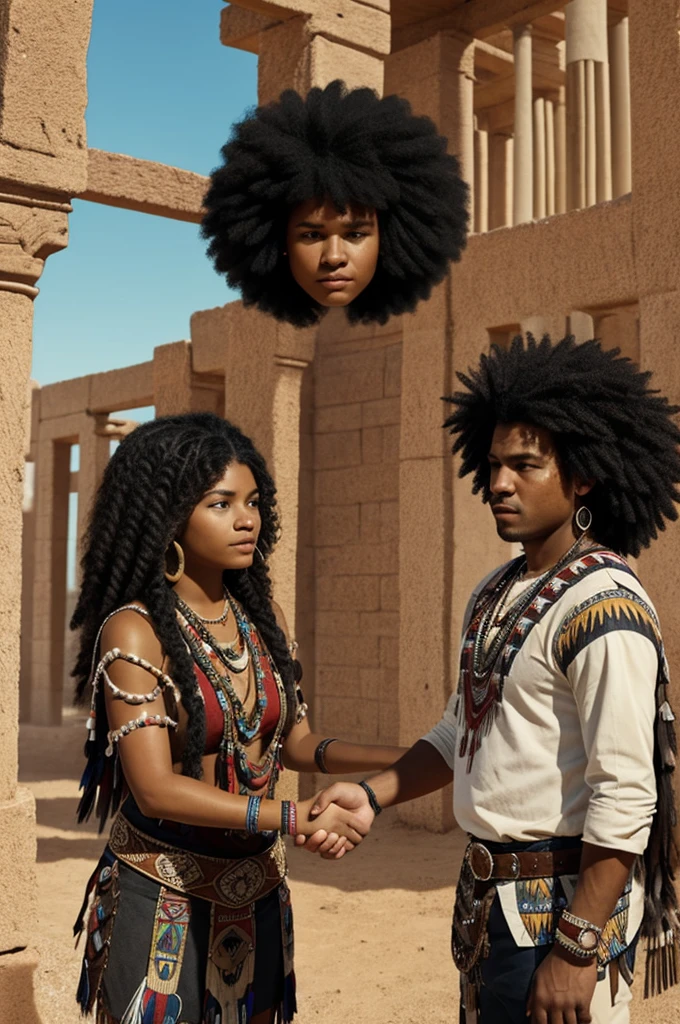 Viñeta 5:
scenery: An American Indian and an Afro-descendant shake hands against a background of indigenous and African-American symbols.
Text: "Heirs of a complex history... building a future together!"