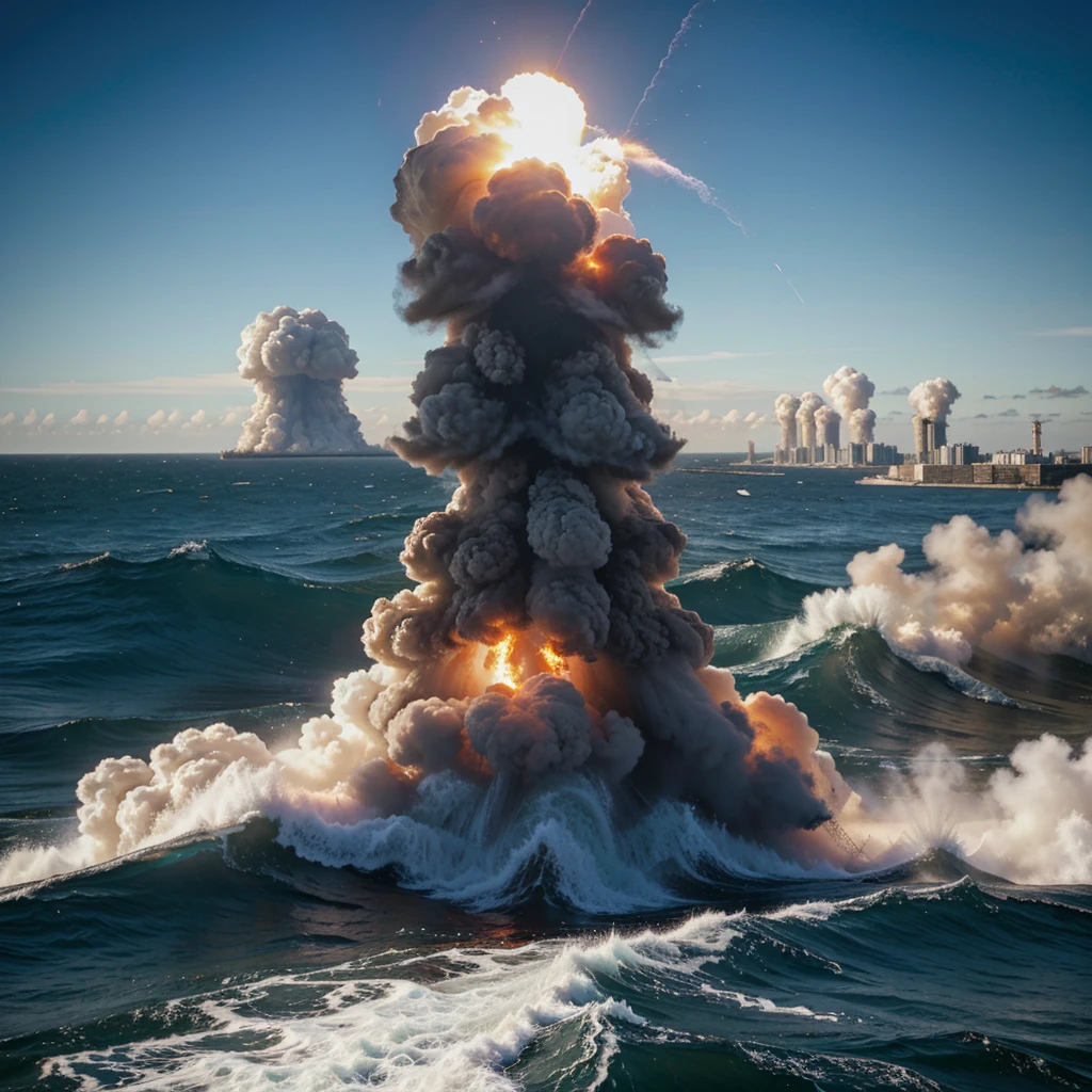 explosion nuclear, in a city, expansive wave, high quality, 8k, detailed