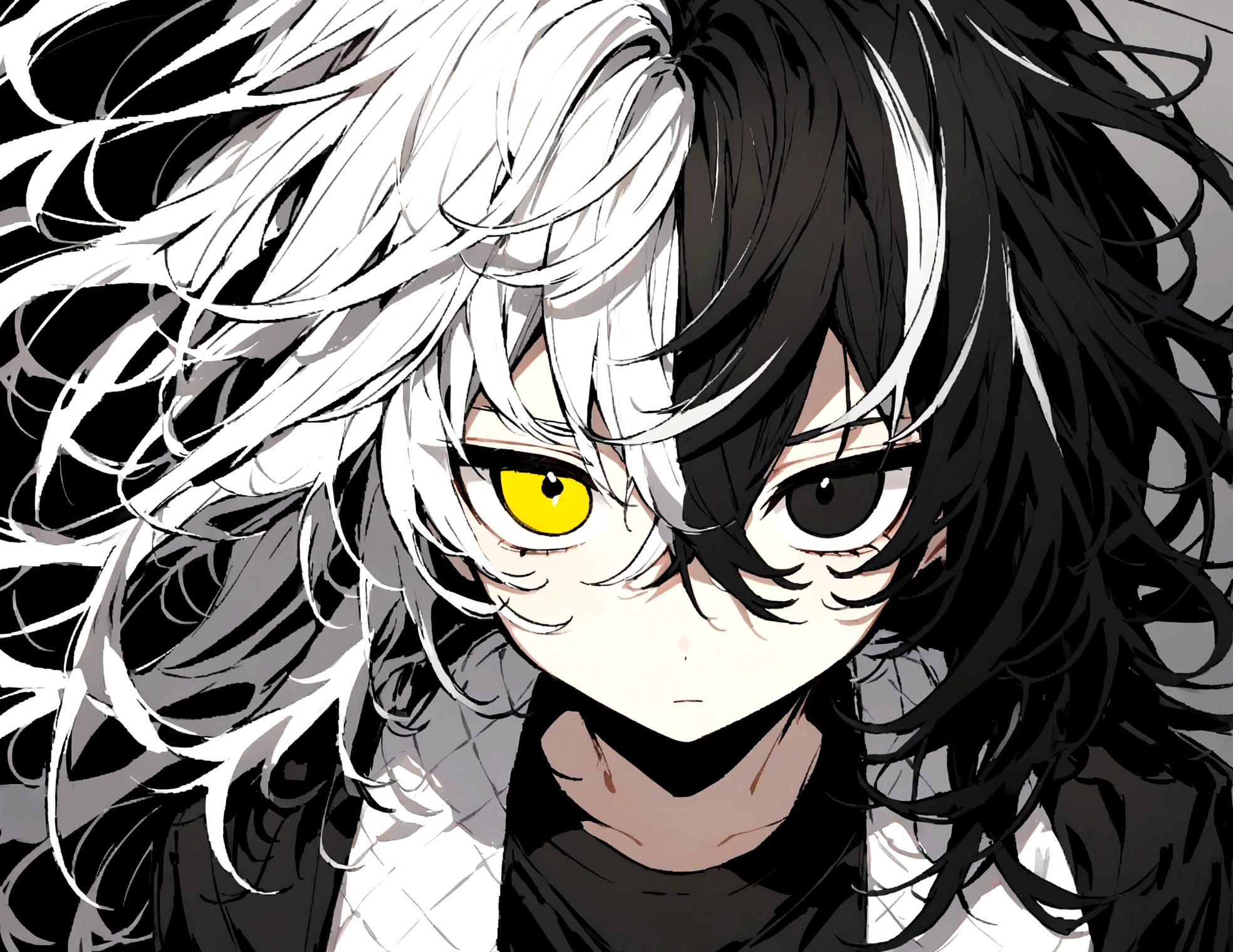 white shirt, wearing a black sweatshirt with silver details , white tennis shoes with black details, black pants, yellow and black eyes heterochromia, expression of calm, Messy hair , Medium length hair , 1 men , multicolored black and white hair ( focus on hair containing both colors) fomato de icone