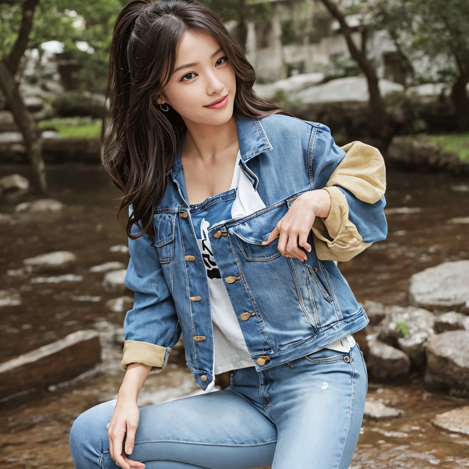 .....RAW, The best quality, High resolution, Masterpiece: 1.3), Beautiful Japanese girl,1girl,solo girl,Masterpiece, Cuerpo delgado perfect, (senos big oneses), Hermosos ojos big oneses, Sweet smile, Masterpiece:1.2, The best quality), Realstic, (real image, intricate details, depth of field,Denim jacket,jeans,panoramic camera), Lip spacing, Highly detailed, Rostro perfect, Cuerpo perfect, perfect, leaning forward, Modelos big oneses, Mature woman leaning forward to show her, Looking at the camera , big ones, long legs, Perfect Natural Bokeh Background