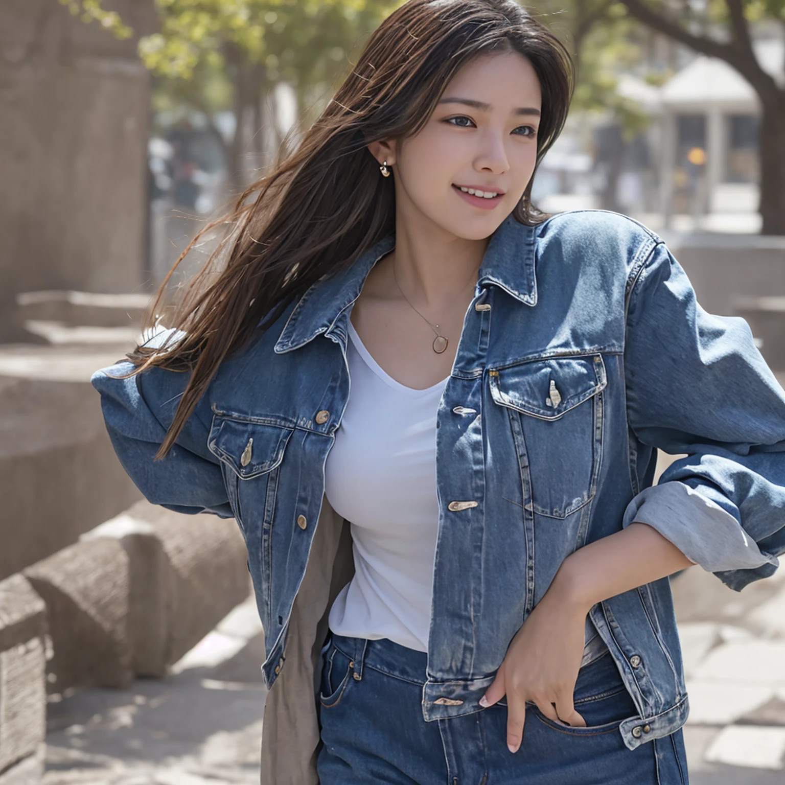 .....RAW, The best quality, High resolution, Masterpiece: 1.3), Beautiful Japanese girl,1girl,solo girl,Masterpiece, Cuerpo delgado perfect, (senos big oneses), Hermosos ojos big oneses, Sweet smile, Masterpiece:1.2, The best quality), Realstic, (real image, intricate details, depth of field,Denim jacket,jeans,panoramic camera), Lip spacing, Highly detailed, Rostro perfect, Cuerpo perfect, perfect, leaning forward, Modelos big oneses, Mature woman leaning forward to show her, Looking at the camera , big ones, long legs, Perfect Natural Bokeh Background