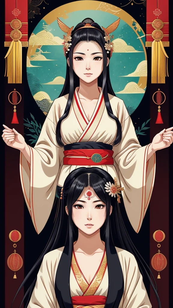 A detailed illustration of Himiko, the 3rd century queen of Yamataikoku in Japan。She reflects status and mystical powers.、Wearing traditional ceremonial clothing with elaborate patterns and decorations。flowing robe、Decorated head ornament、Wearing ceremonial jewelry。Background、shrine、torii、Or includes elements of ancient Japan such as jungle、Depicts tranquil and mysterious natural settings。Her expression is calm and dignified.、Represents wisdom and authority。